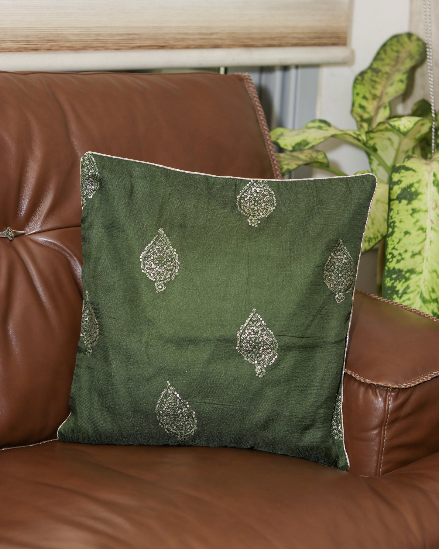 Divya – Green Gold Cushion Cover,Handmade Green Sequin Cushion,Festive Home Décor,Embroidered Green Sham,Indian Silk Designer Sham,Price/pc