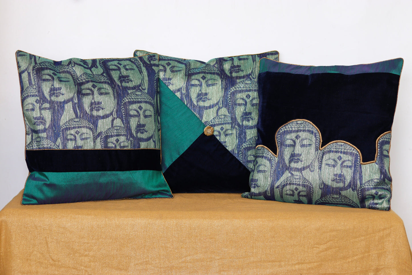 Moksha - Buddha Velvet Cushion Cover,Handmade Festive Cushion Cover, Buddhist Mythology Embroidered Printed Sham, 16", 18", Price/pc
