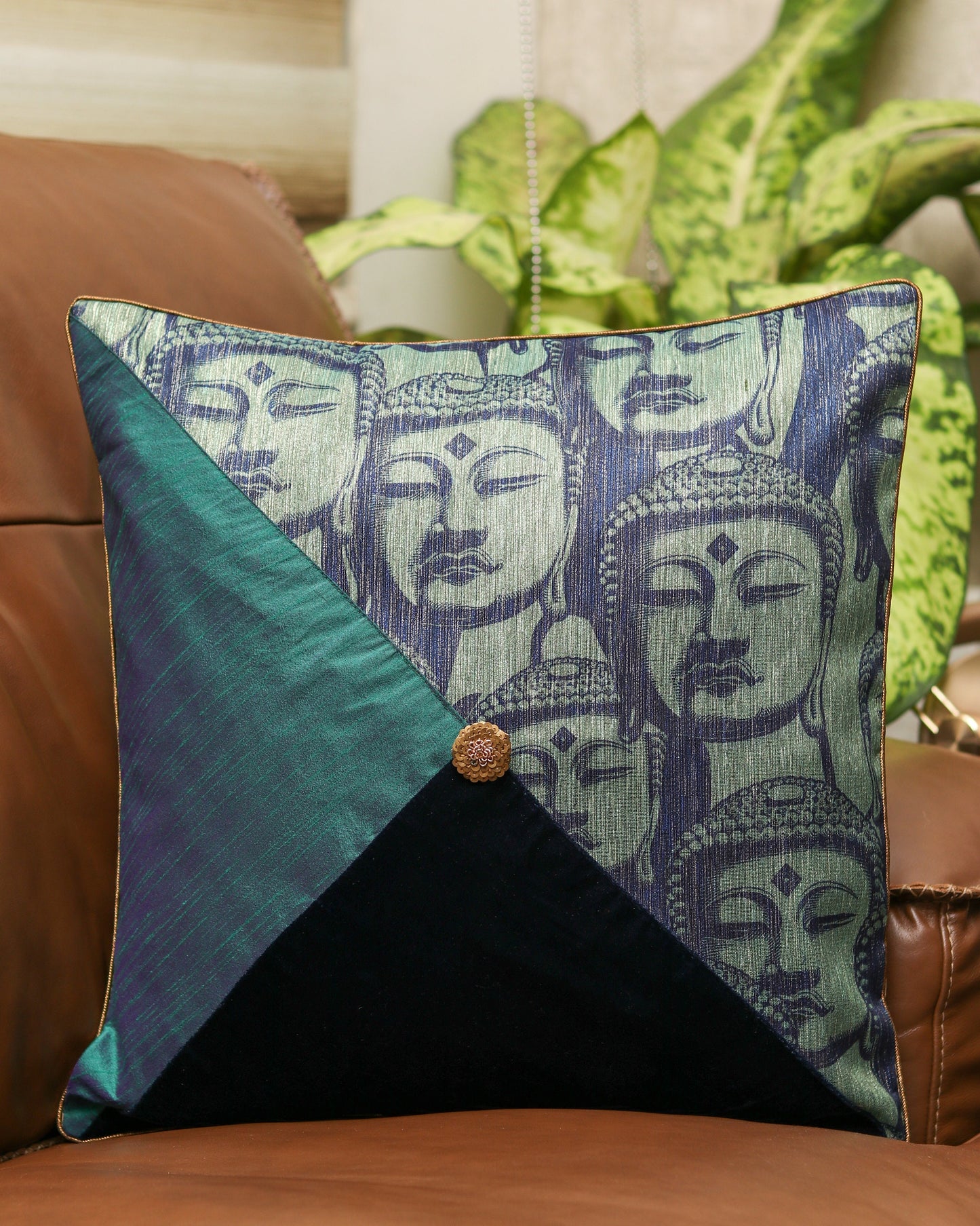 Moksha - Buddha Velvet Cushion Cover,Handmade Festive Cushion Cover, Buddhist Mythology Embroidered Printed Sham, 16", 18", Price/pc