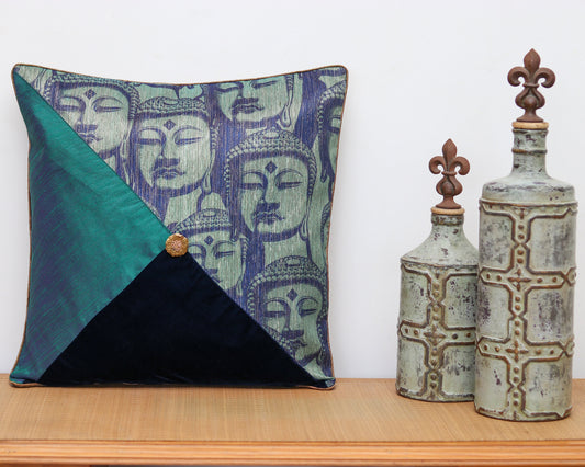 Moksha - Buddha Velvet Cushion Cover,Handmade Festive Cushion Cover, Buddhist Mythology Embroidered Printed Sham, 16", 18", Price/pc