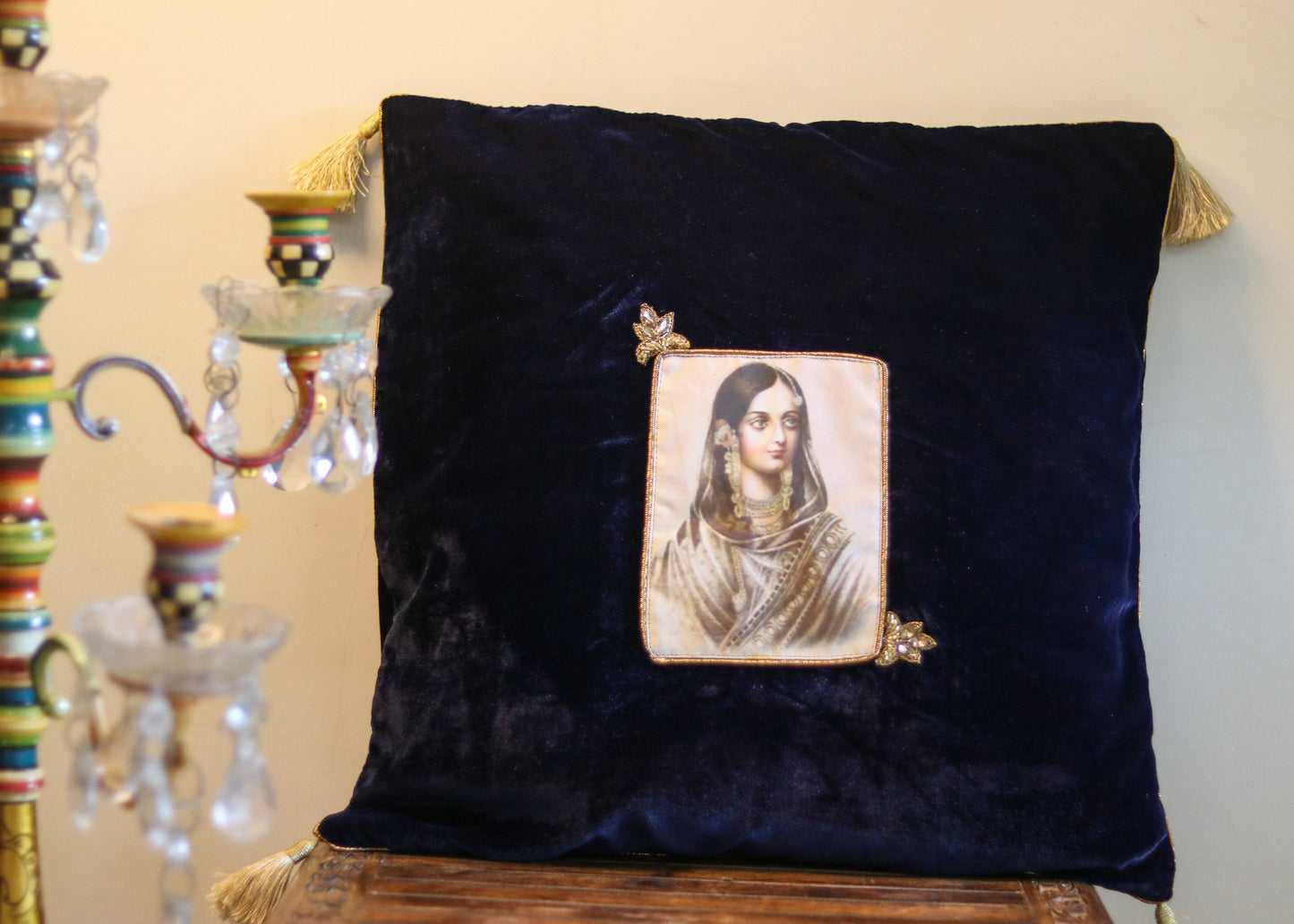 Ishqnama - Regal Blue Velvet Cushion Cover,Handmade Festive Cushion Cover,Indian Queen Digital Print Sham,Designer Decor,16",18",Price/pc