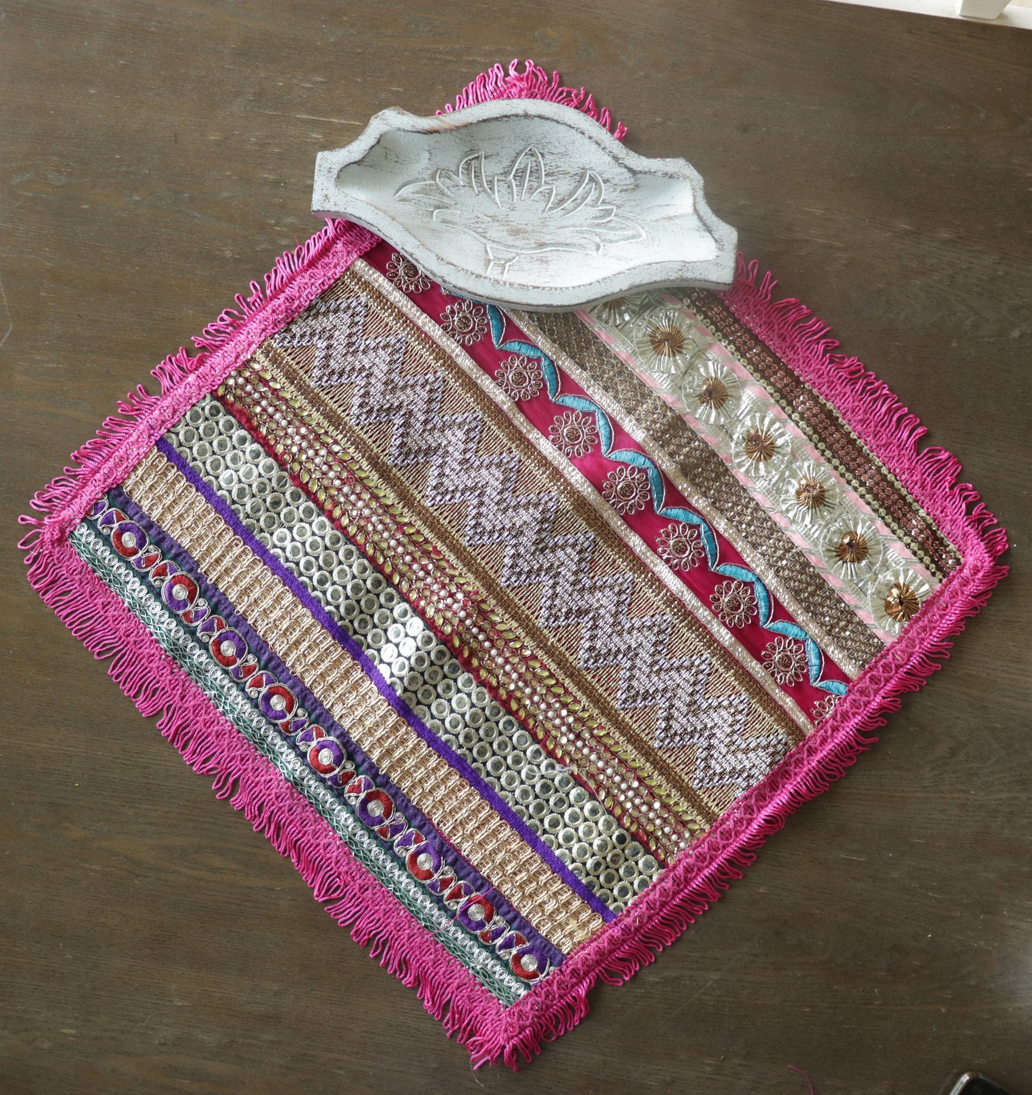 Boho Handmade Pink Net PlaceMat,Kitschy Indian Table Décor,Upcycled Trims Borders Table Mat,Prayer Mat,Embroidered Lace Tapestry,Price/pc
