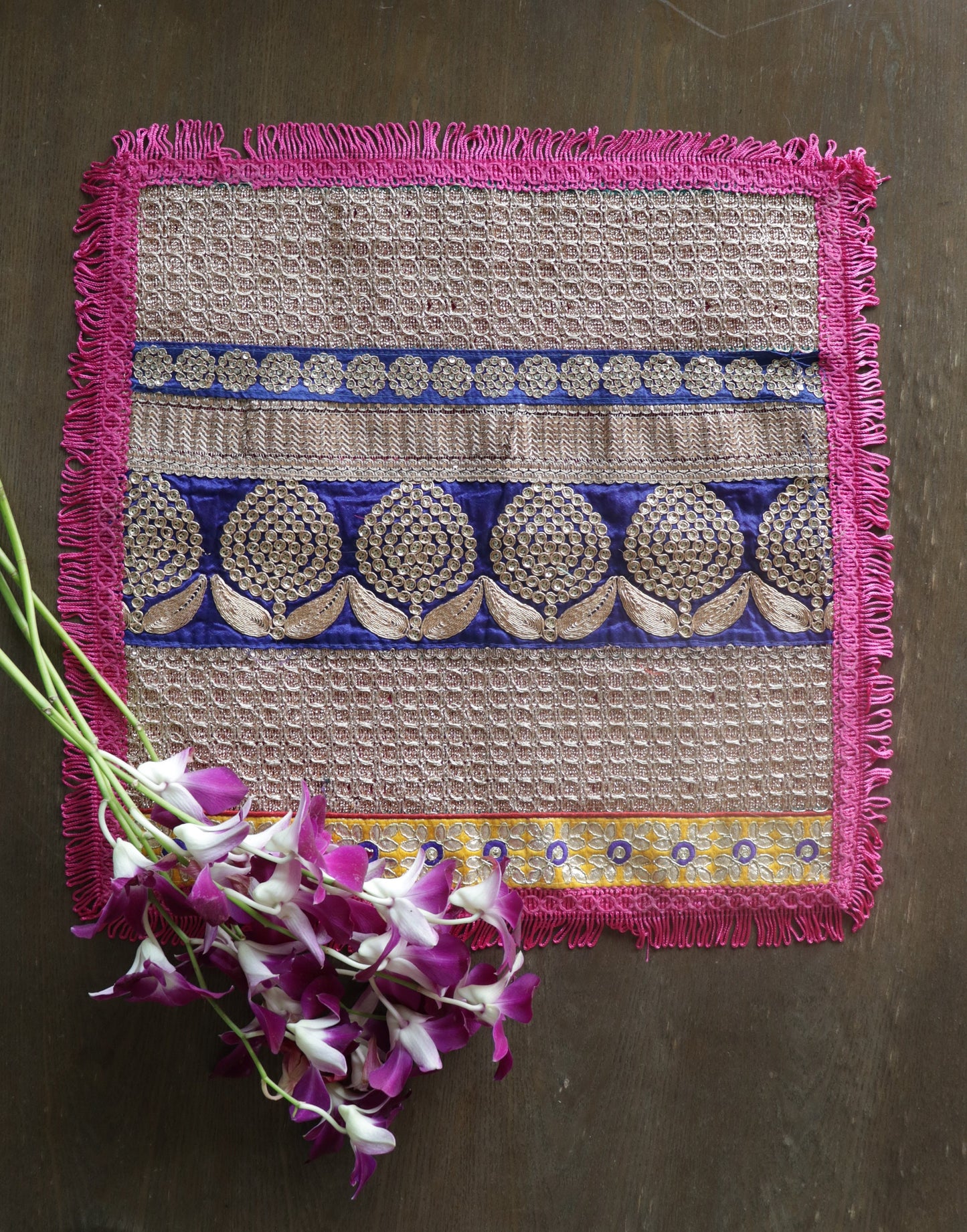 Boho Handmade Pink Net PlaceMat,Kitschy Indian Table Décor,Upcycled Trims Borders Table Mat,Prayer Mat,Embroidered Lace Tapestry,Price/pc