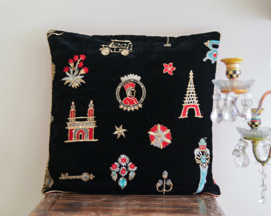 Kahaani – Black Velvet Cushion Cover,Handmade Black Red Teal Cushion Cover,Quirky Embroidered Sham,Festive Designer Indian Cushion,Price/pc