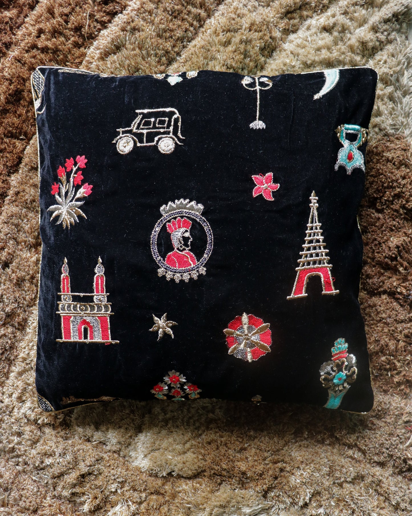 Kahaani – Black Velvet Cushion Cover,Handmade Black Red Teal Cushion Cover,Quirky Embroidered Sham,Festive Designer Indian Cushion,Price/pc