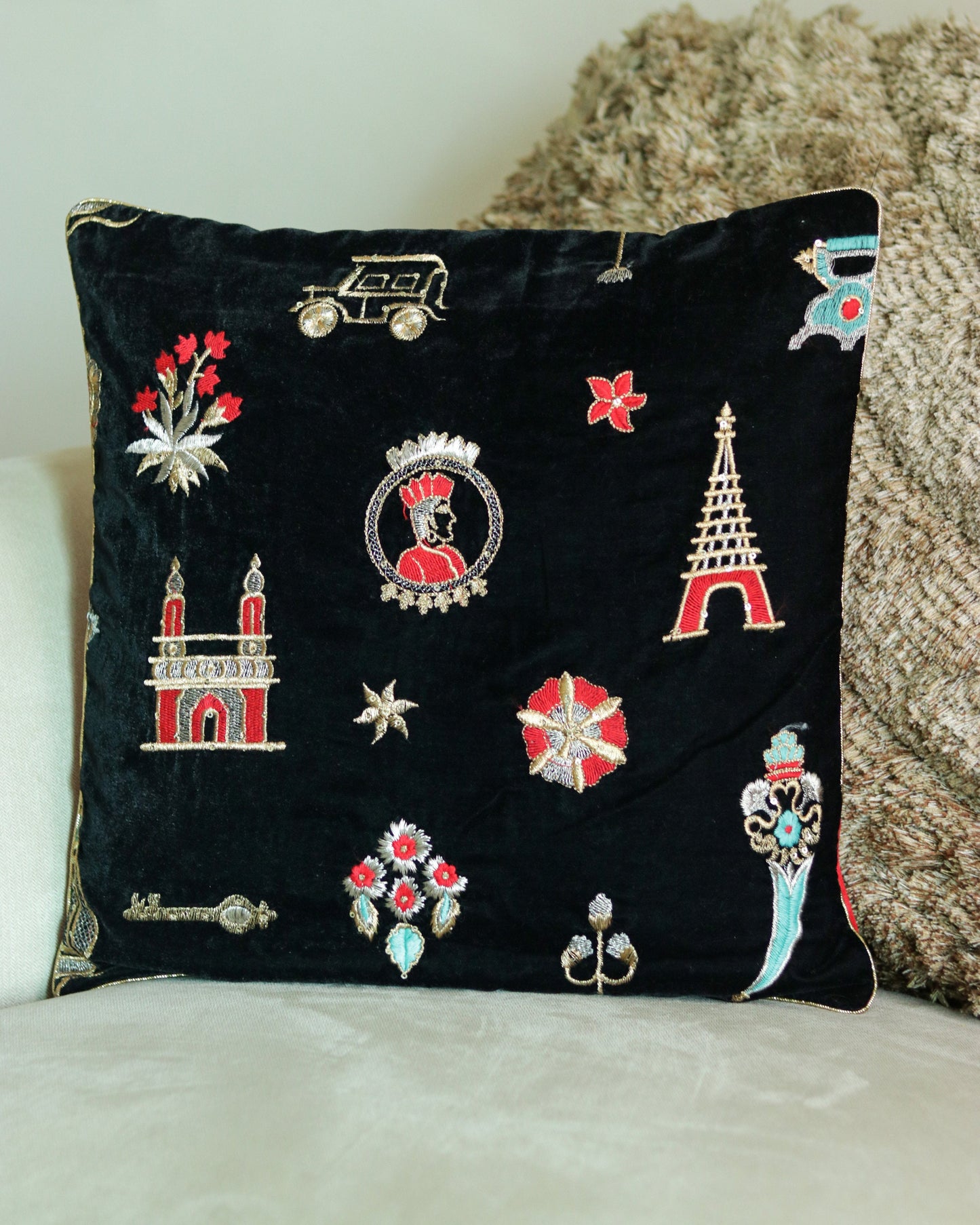 Kahaani – Black Velvet Cushion Cover,Handmade Black Red Teal Cushion Cover,Quirky Embroidered Sham,Festive Designer Indian Cushion,Price/pc