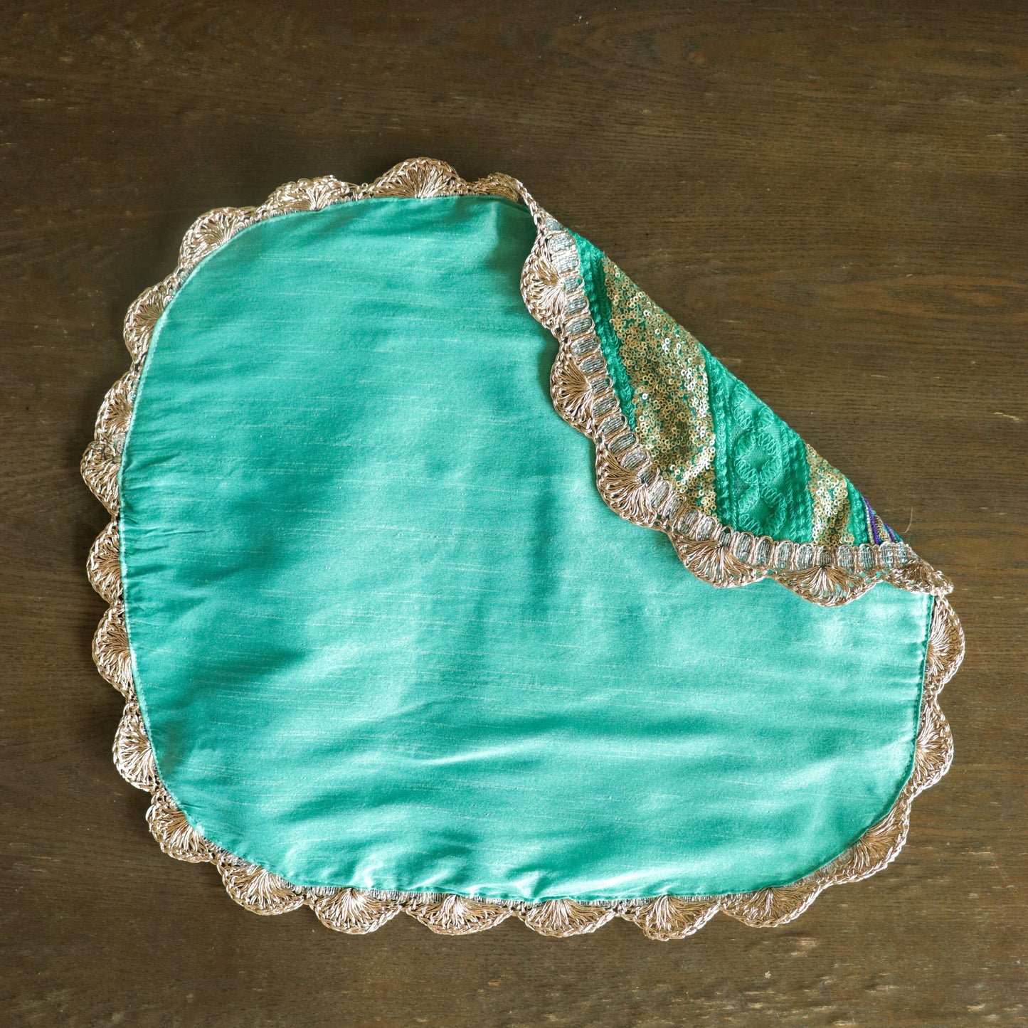 Boho Handmade Teal Net PlaceMat,Kitschy Indian Table Décor,Upcycled Trims Borders Table Mat,Prayer Mat,Embroidered Lace Tapestry,Price/pc