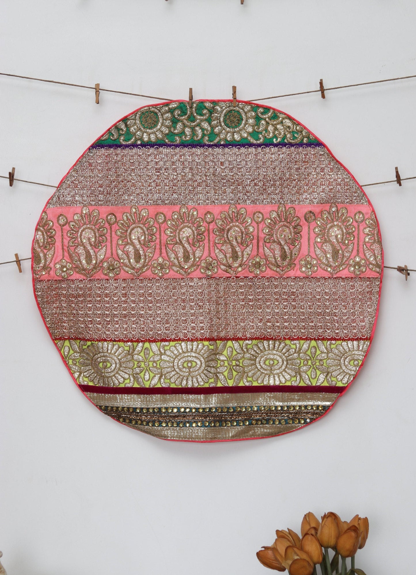 Boho Handmade Pink Gold PlaceMat,Kitschy Indian Table Décor,Upcycled Trims Borders Table Mat,Embroidered Lace Tapestry,Price/pc