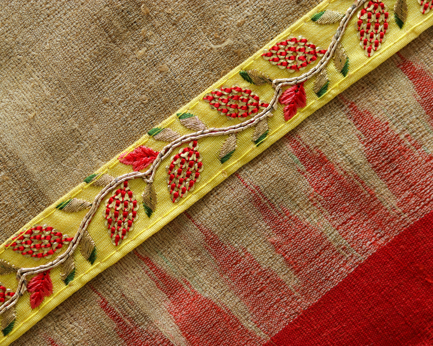 Yellow Red Floral Embroidered Trim,Yellow Floral Border,Floral Embroidery Lace,Yellow Red Gold Lace,Indian Trim,Yellow Saree Border,Price/mt