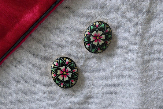 Black pink Floral Digital Buttons,Black Floral Beads,Digital Print Button,Digital Print Charm,Floral Charm,Indian Jewellery Charm ,2 pcs