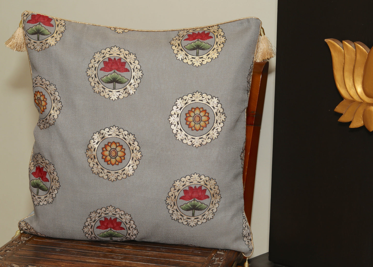 Navya – Grey Floral Cushion Cover,Handmade Grey Gold Cushion,Indian Festive Home Décor,Lotus Cushion,Grey Floral Sham,Designer Sham,Price/pc