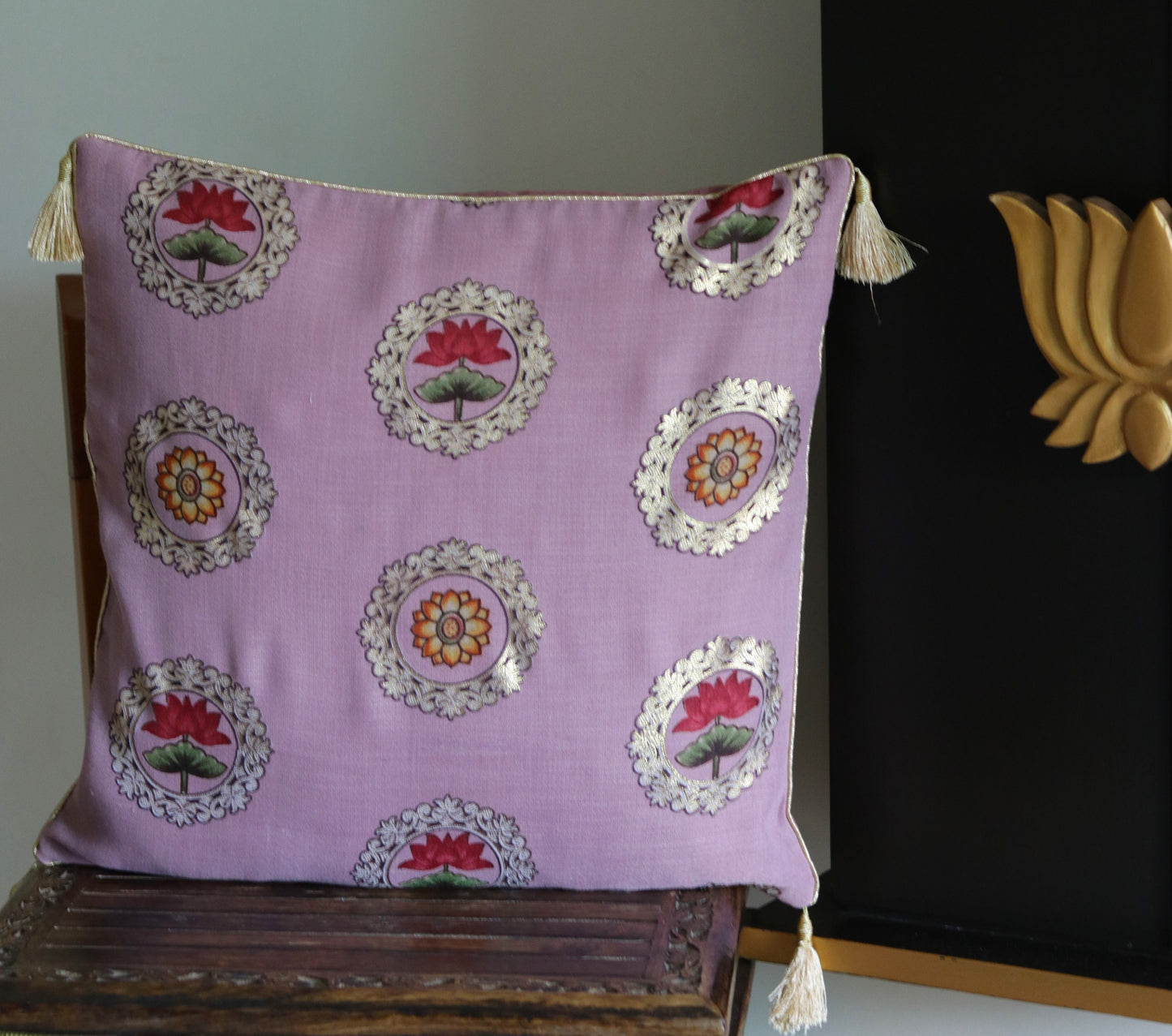 Navya – Pink Floral Cushion Cover,Handmade Pink Gold Cushion,Indian Festive Home Décor,Lotus Cushion,Pink Floral Sham,Designer Sham,Price/pc