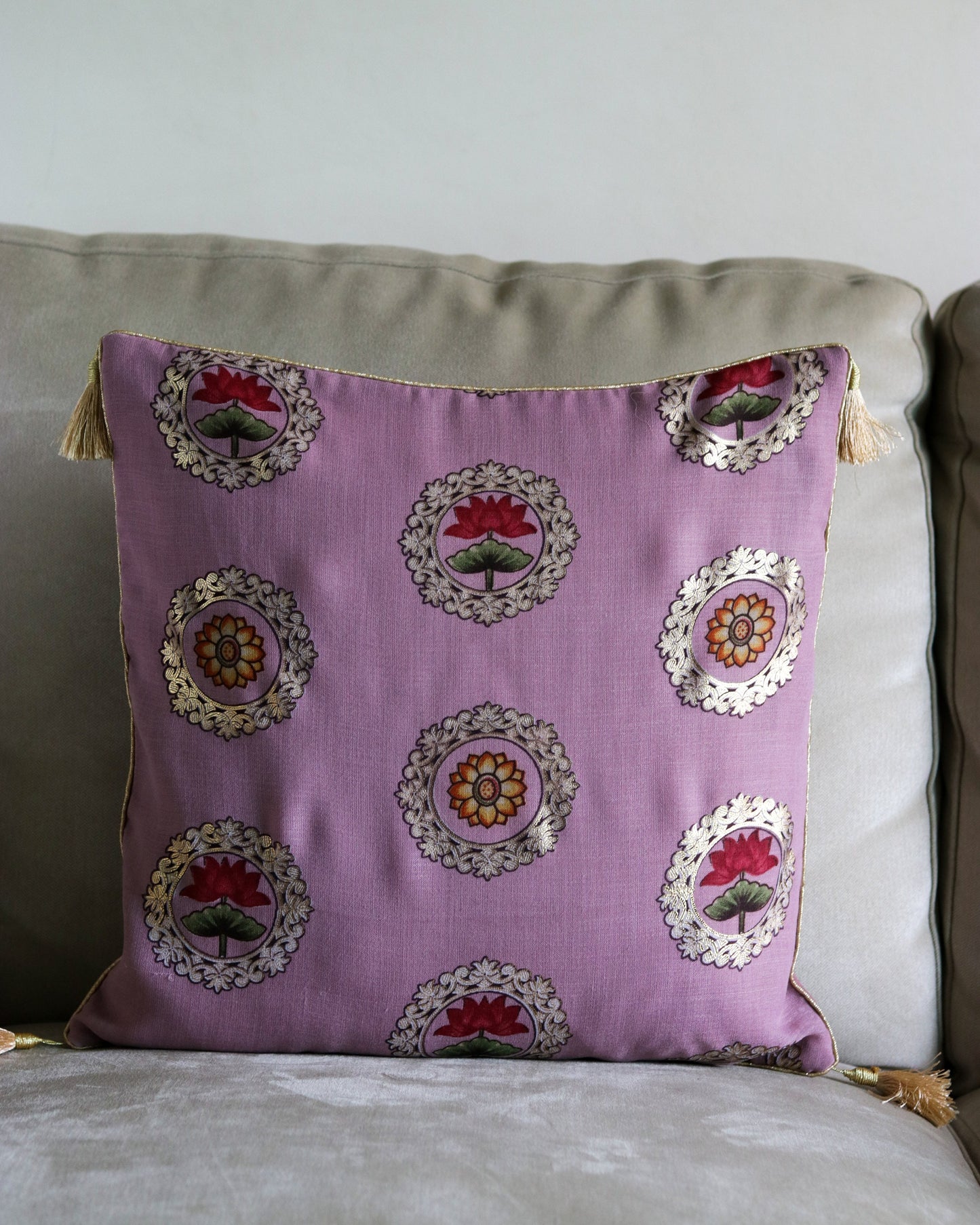 Navya – Pink Floral Cushion Cover,Handmade Pink Gold Cushion,Indian Festive Home Décor,Lotus Cushion,Pink Floral Sham,Designer Sham,Price/pc