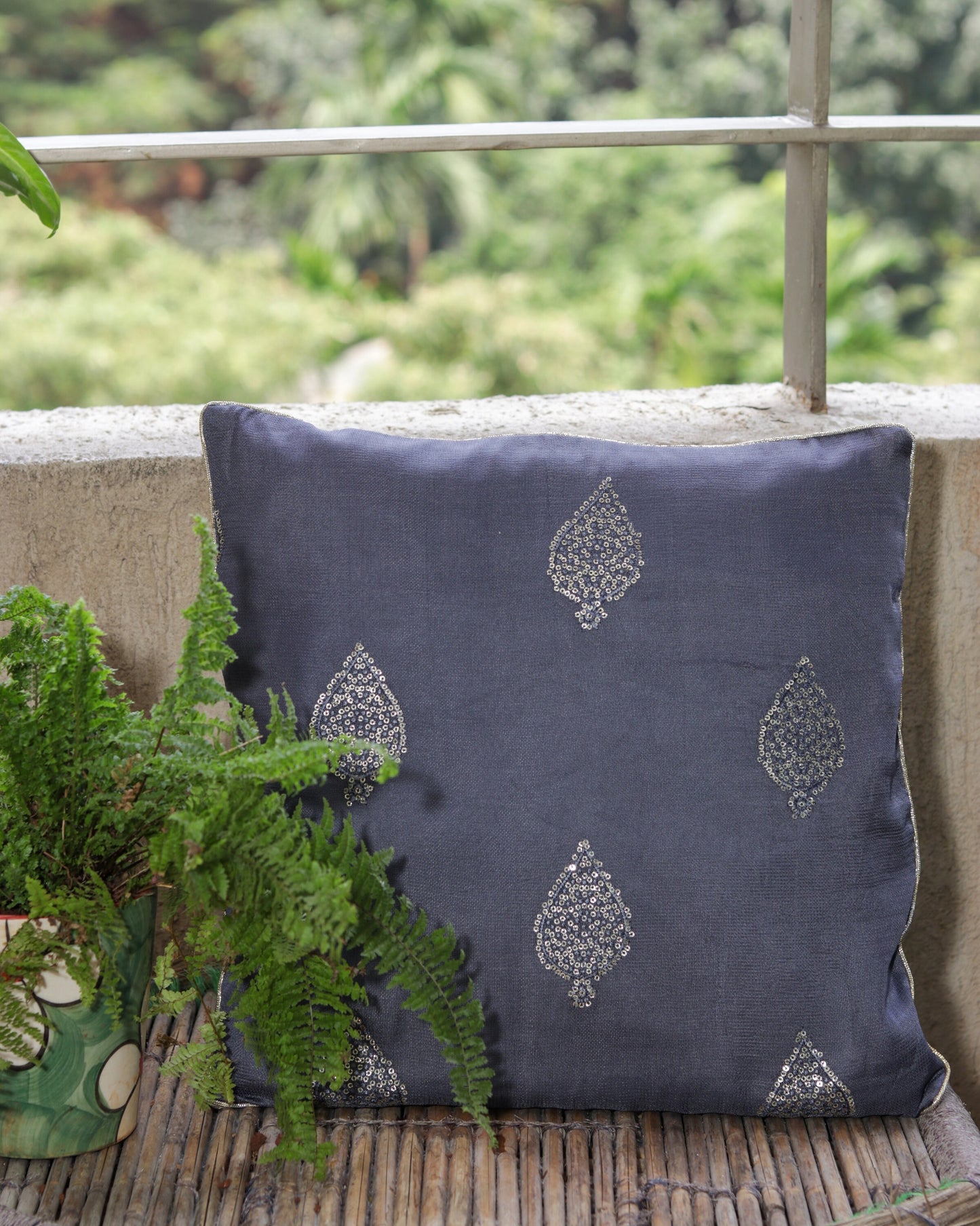 Divya – Grey Gold Cushion Cover,Handmade Grey Sequin Cushion,Festive Home Décor,Embroidered Grey Sham,Indian Silk Designer Sham,Price/pc