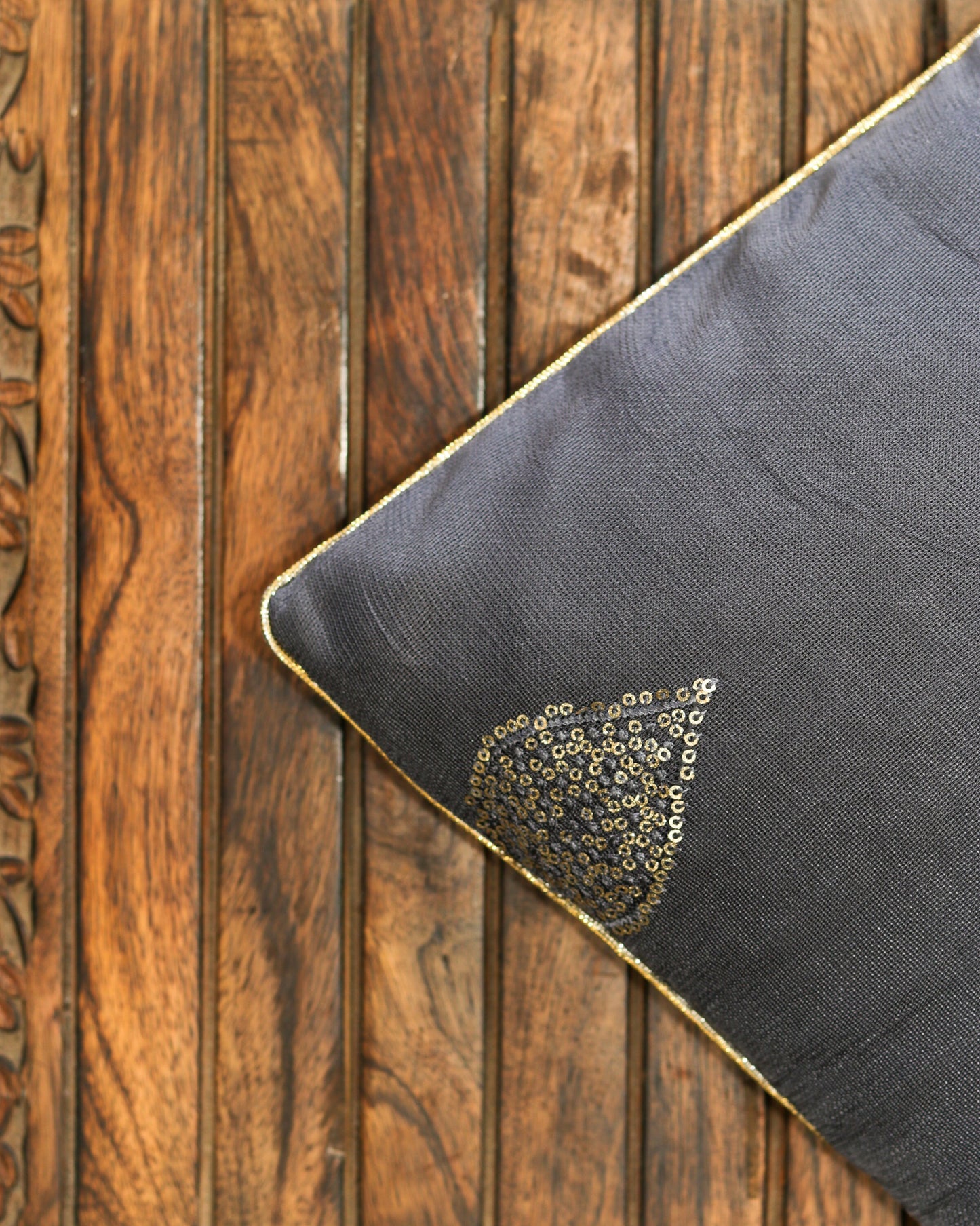 Divya – Grey Gold Cushion Cover,Handmade Grey Sequin Cushion,Festive Home Décor,Embroidered Grey Sham,Indian Silk Designer Sham,Price/pc