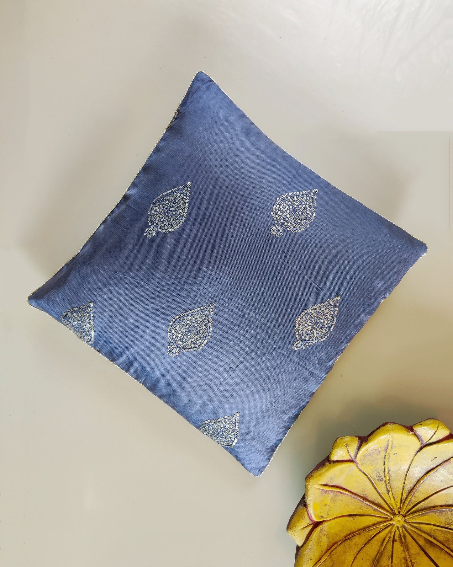 Divya – Grey Gold Cushion Cover,Handmade Grey Sequin Cushion,Festive Home Décor,Embroidered Grey Sham,Indian Silk Designer Sham,Price/pc