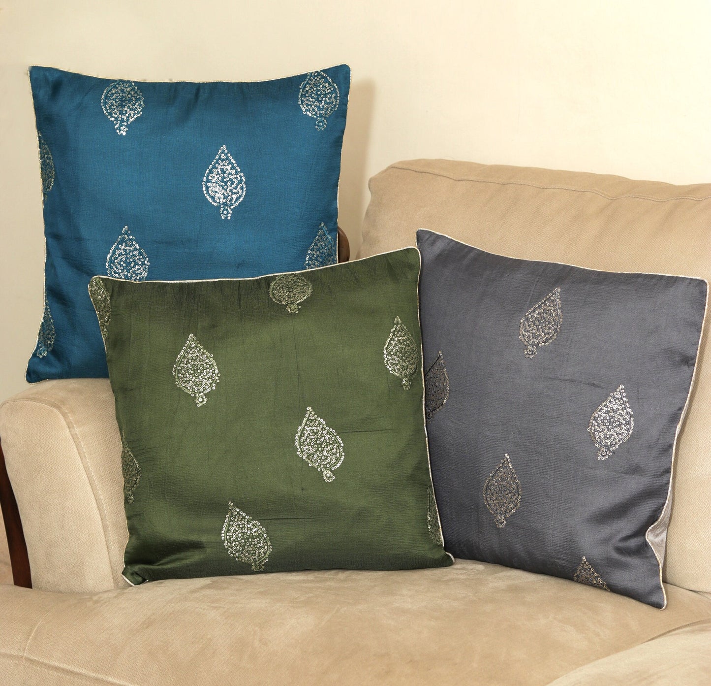 Divya – Blue Gold Cushion Cover,Handmade Blue Sequin Cushion,Festive Home Décor,Embroidered Blue Sham,Indian Silk Designer Sham,Price/pc