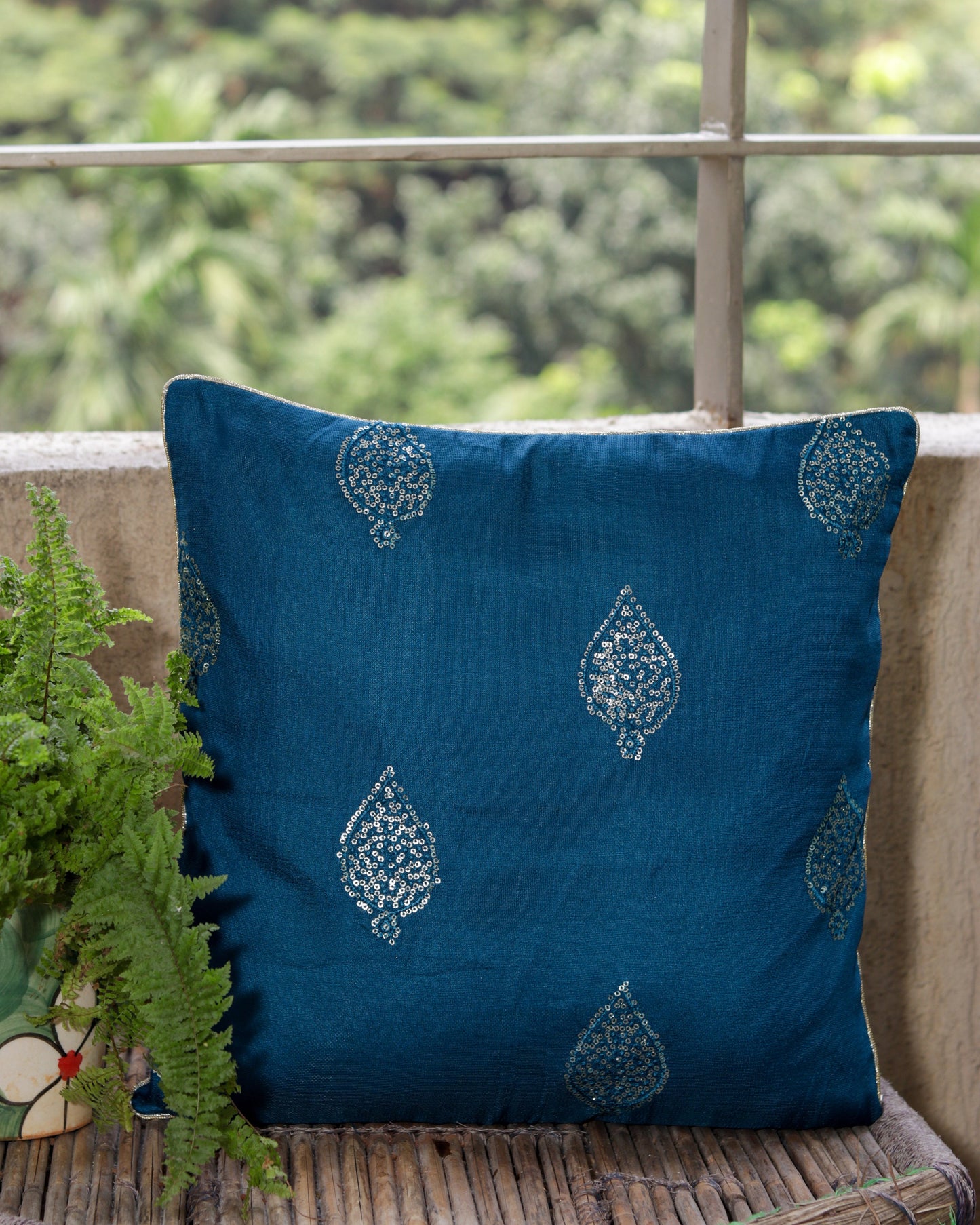 Divya – Blue Gold Cushion Cover,Handmade Blue Sequin Cushion,Festive Home Décor,Embroidered Blue Sham,Indian Silk Designer Sham,Price/pc