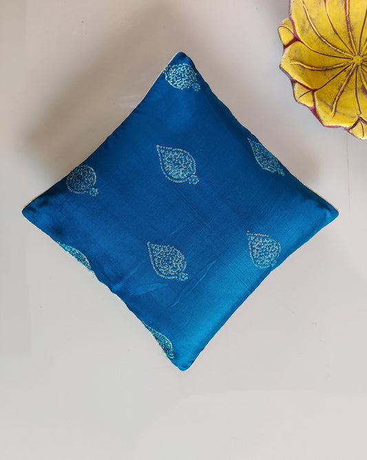 Divya – Blue Gold Cushion Cover,Handmade Blue Sequin Cushion,Festive Home Décor,Embroidered Blue Sham,Indian Silk Designer Sham,Price/pc