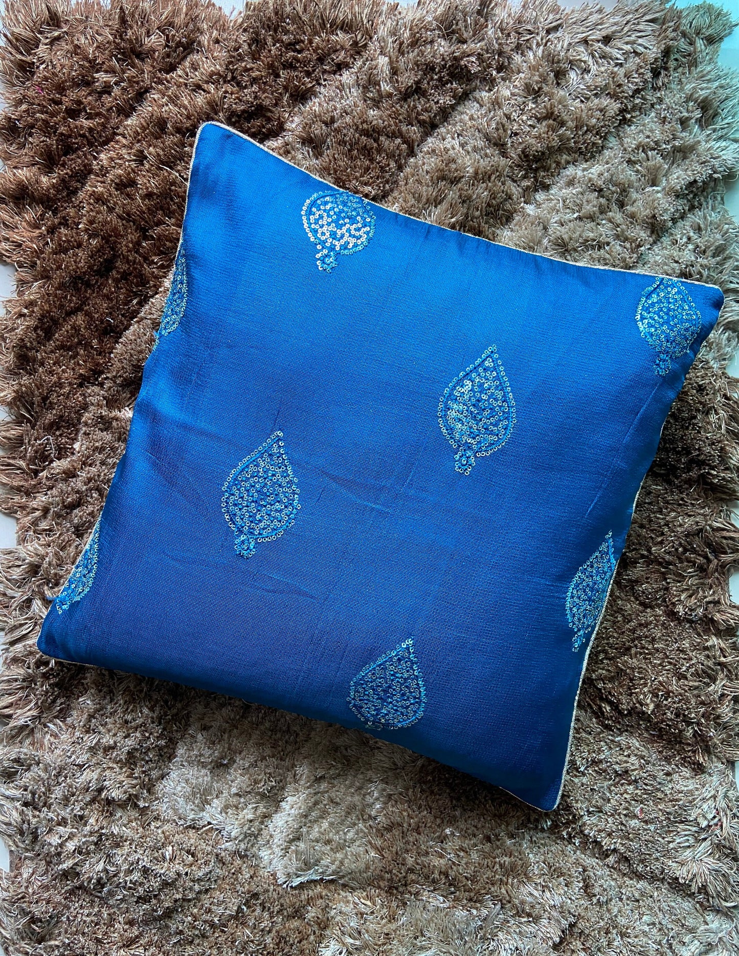 Divya – Blue Gold Cushion Cover,Handmade Blue Sequin Cushion,Festive Home Décor,Embroidered Blue Sham,Indian Silk Designer Sham,Price/pc