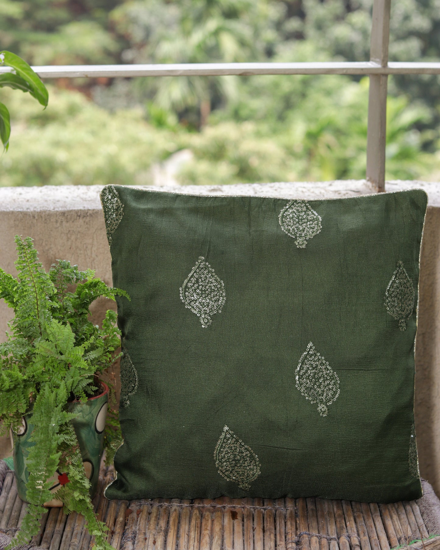Divya – Green Gold Cushion Cover,Handmade Green Sequin Cushion,Festive Home Décor,Embroidered Green Sham,Indian Silk Designer Sham,Price/pc