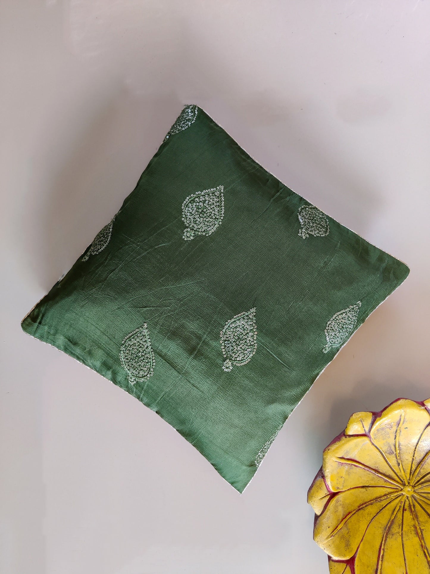 Divya – Green Gold Cushion Cover,Handmade Green Sequin Cushion,Festive Home Décor,Embroidered Green Sham,Indian Silk Designer Sham,Price/pc
