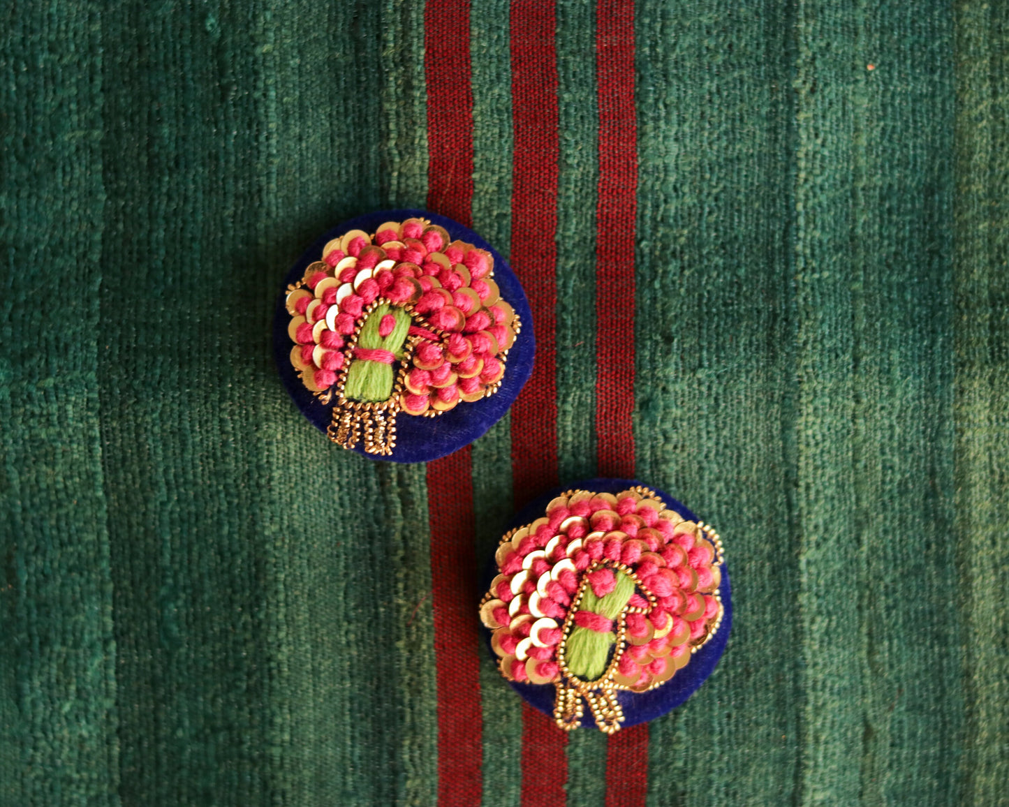 Blue Pink Peacock Velvet Buttons,Handmade Embroidered Buttons,Blue Pink Velvet Charm,Blue Bird Button,Sherwani Button,Wedding Button,2 pcs