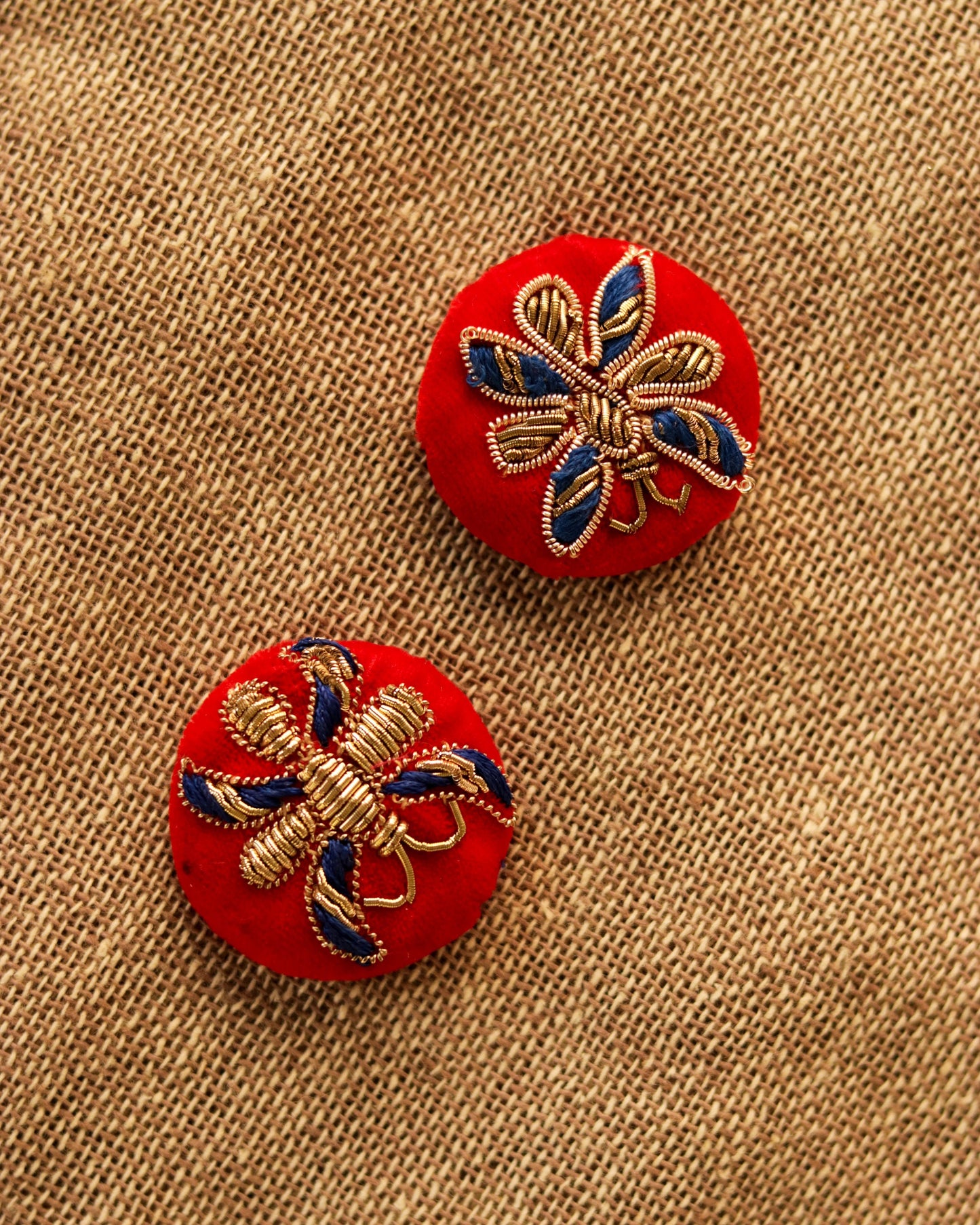 Red Blue Butterfly Velvet Button,Handmade Embroidered Button,Velvet Charm,Red Gold Butterfly Button,Sherwani Button,Wedding Button,2 pcs