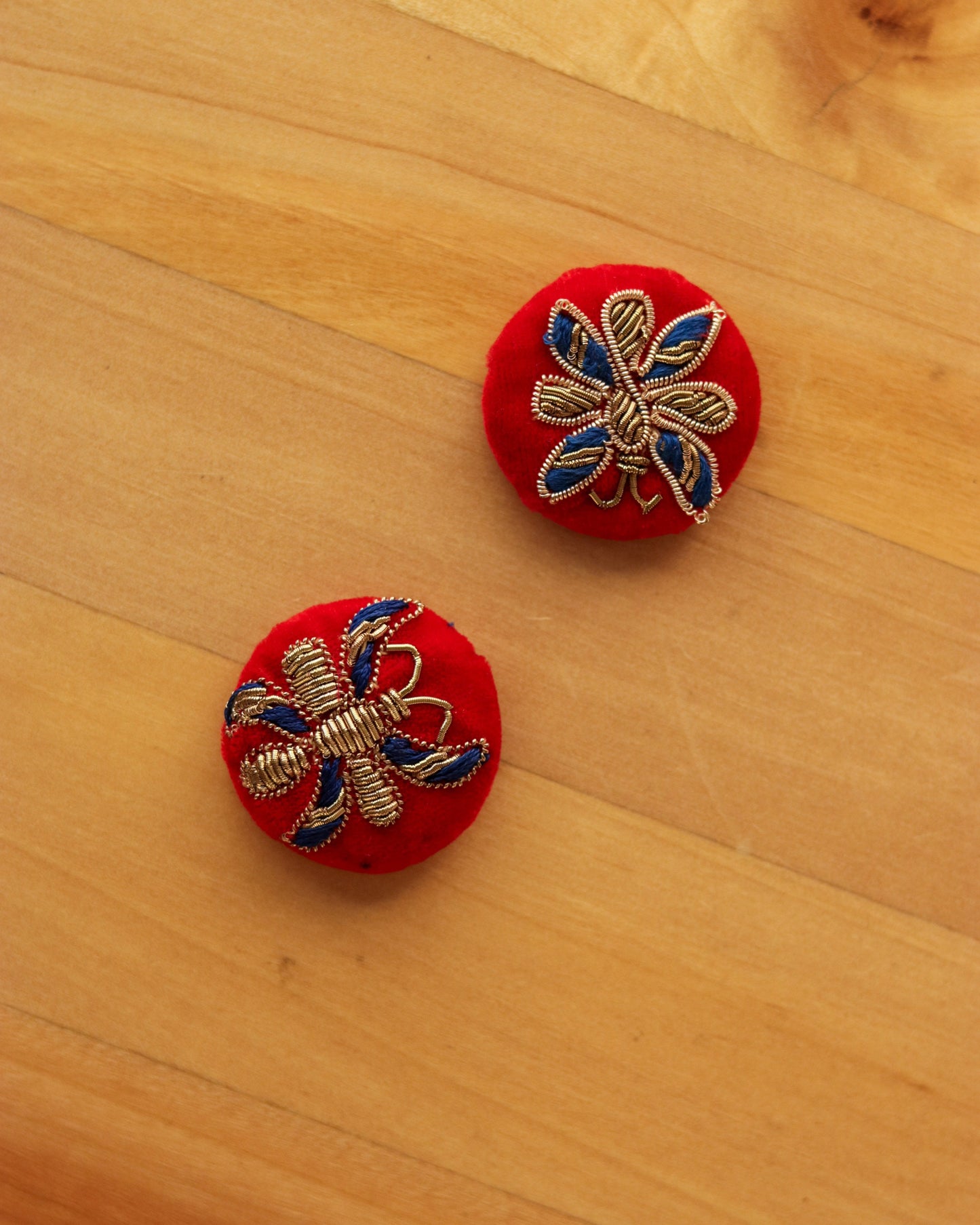 Red Blue Butterfly Velvet Button,Handmade Embroidered Button,Velvet Charm,Red Gold Butterfly Button,Sherwani Button,Wedding Button,2 pcs