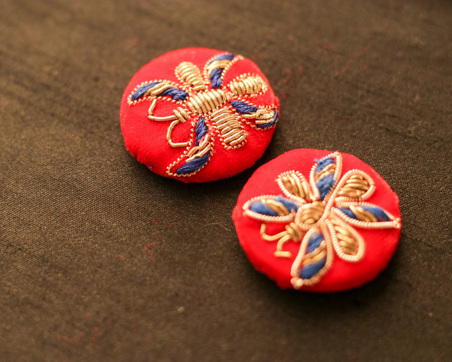 Red Blue Butterfly Velvet Button,Handmade Embroidered Button,Velvet Charm,Red Gold Butterfly Button,Sherwani Button,Wedding Button,2 pcs