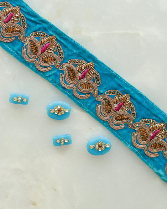Blue Gold Vintage Embroidered Trim,Handmade Indian Embroidered Border,Blue Velvet Paisley Lace,Bridal Designer Trim,Indian Trim,Price/mtr