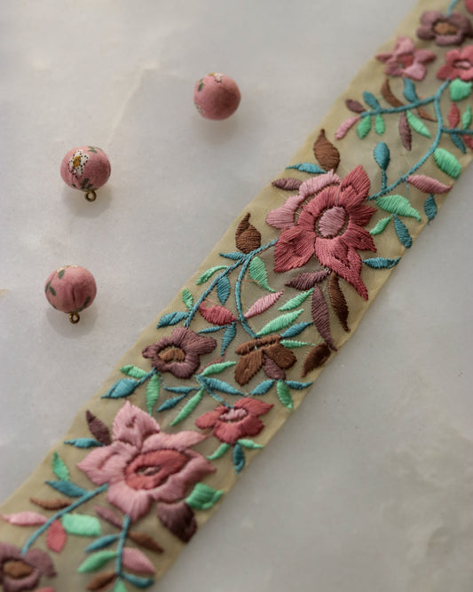 Pink Pastel Floral Embroidered Trim,Indian Fabric Embroidered Border,Pink Floral Lace,Parsi Embroidery Border,Pastel Saree Border,Price/mtr