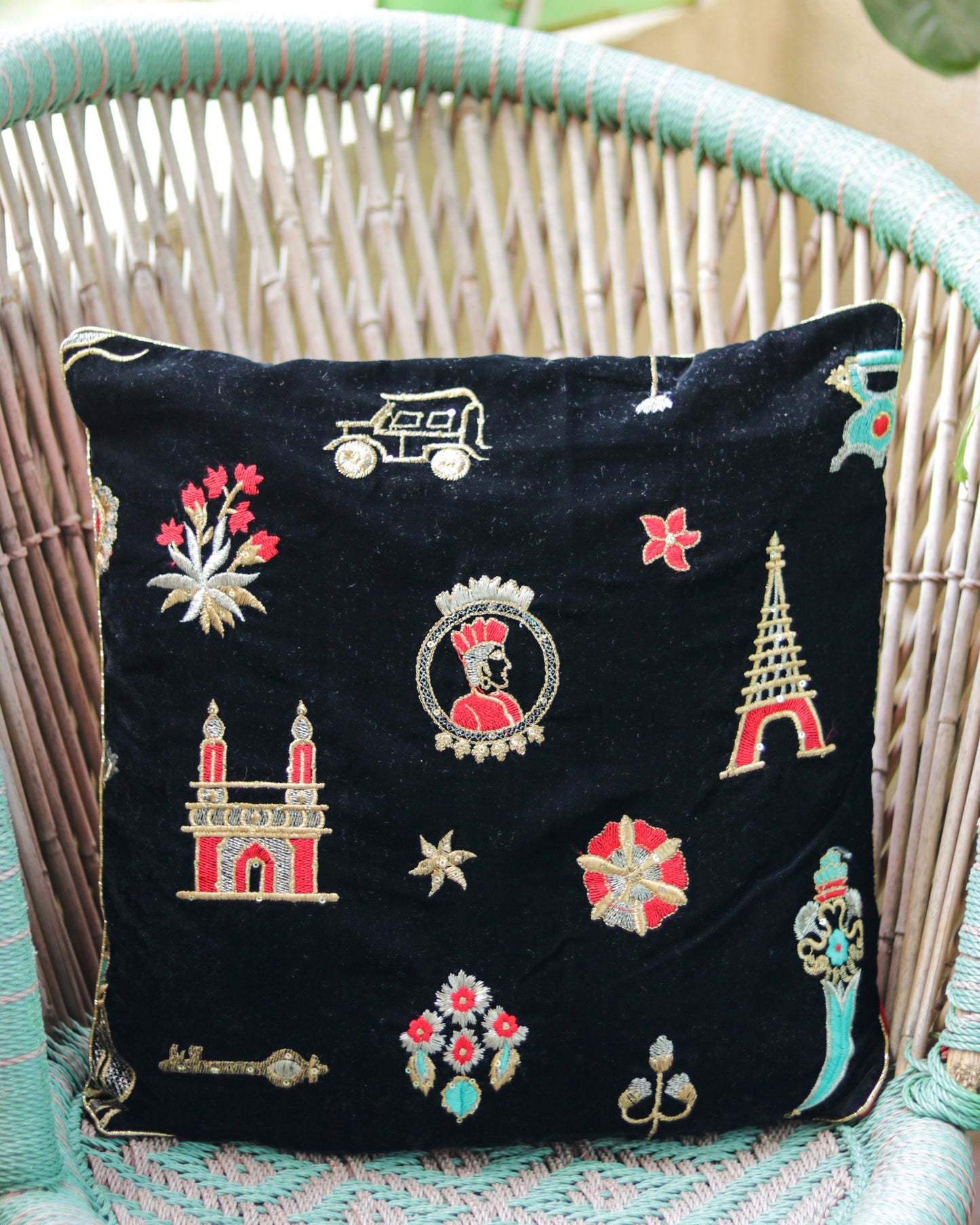 Kahaani – Black Velvet Cushion Cover,Handmade Black Red Teal Cushion Cover,Quirky Embroidered Sham,Festive Designer Indian Cushion,Price/pc