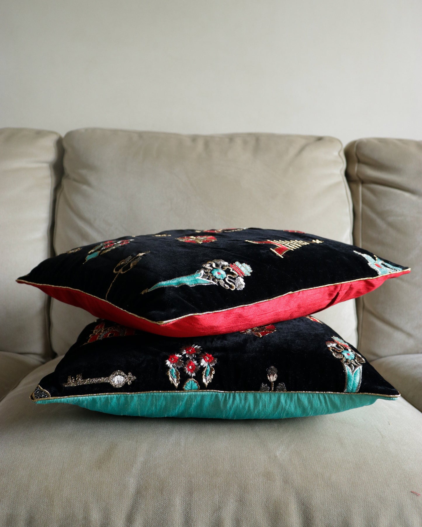 Kahaani – Black Velvet Cushion Cover,Handmade Black Red Teal Cushion Cover,Quirky Embroidered Sham,Festive Designer Indian Cushion,Price/pc