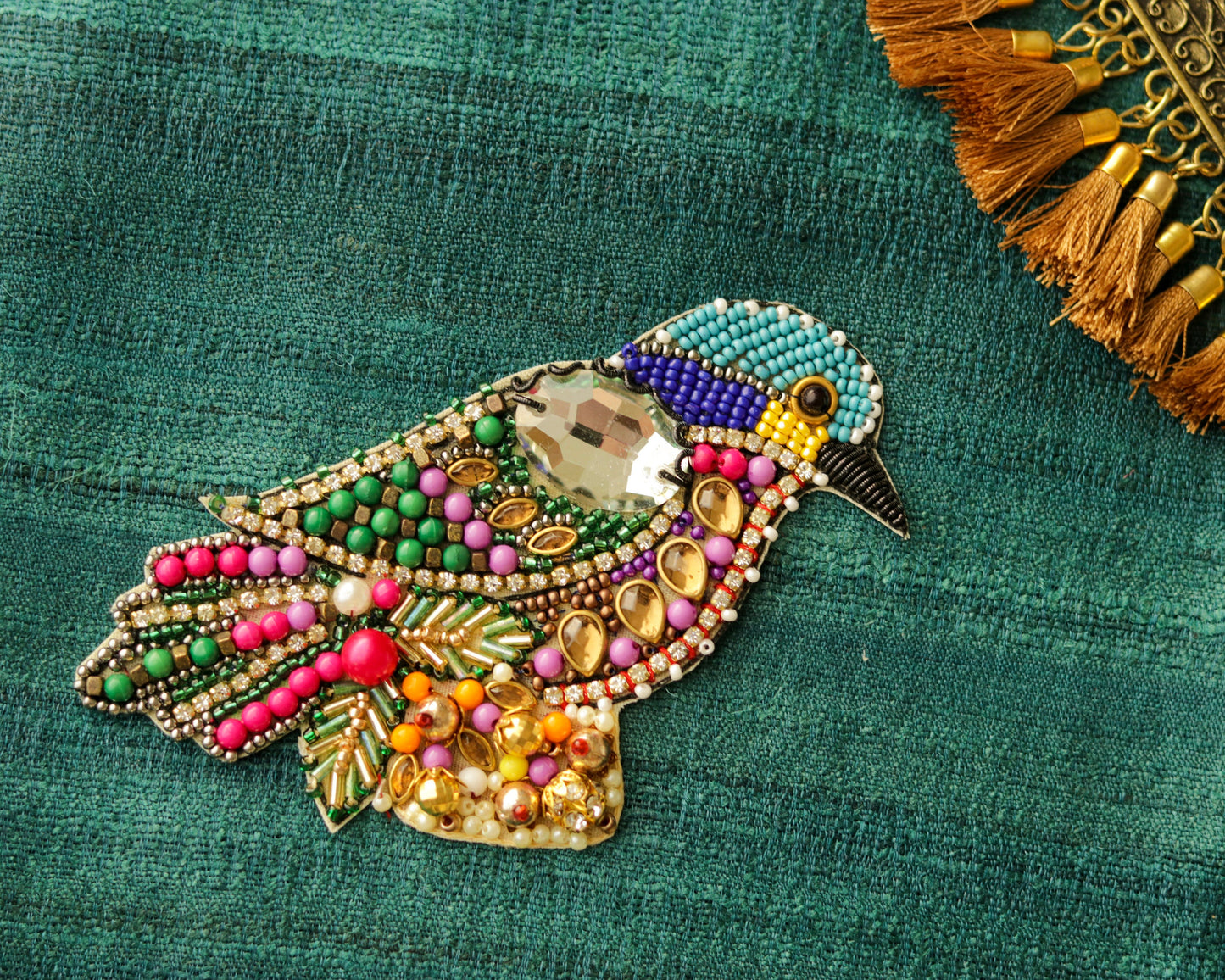 Multicolour Sparrow beaded embroidered patch,Handmade Beaded applique,Rainbow bird patch,Costume Denim Patch,Sew on Applique,DIY Patch