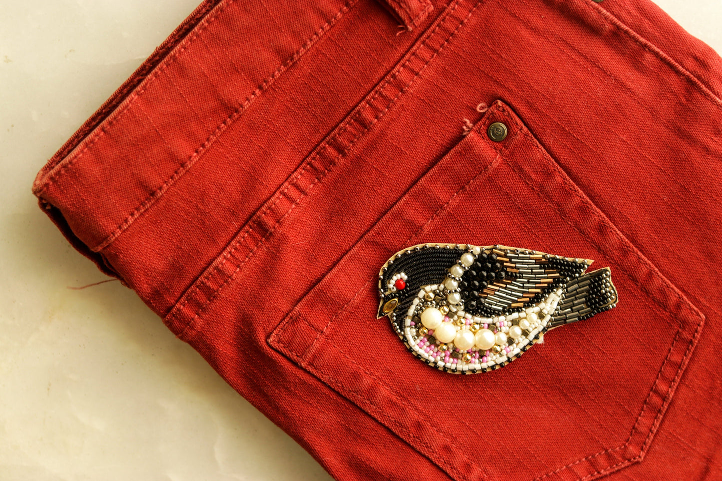 Black Sparrow beaded embroidered patch,Handmade beaded applique, Black white bird patch,Costume Denim Patch,Sew on applique,DIY Patch