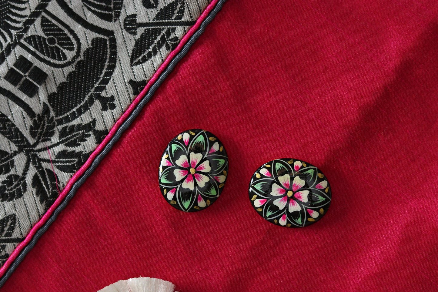 Black pink Floral Digital Buttons,Black Floral Beads,Digital Print Button,Digital Print Charm,Floral Charm,Indian Jewellery Charm ,2 pcs