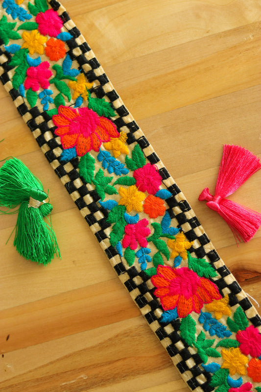 Red Checks Floral Embroidered Trim,Indian Fabric Embroidered Border,Red Green Floral Lace,Multicolour Border,White Saree Border,Price/mtr