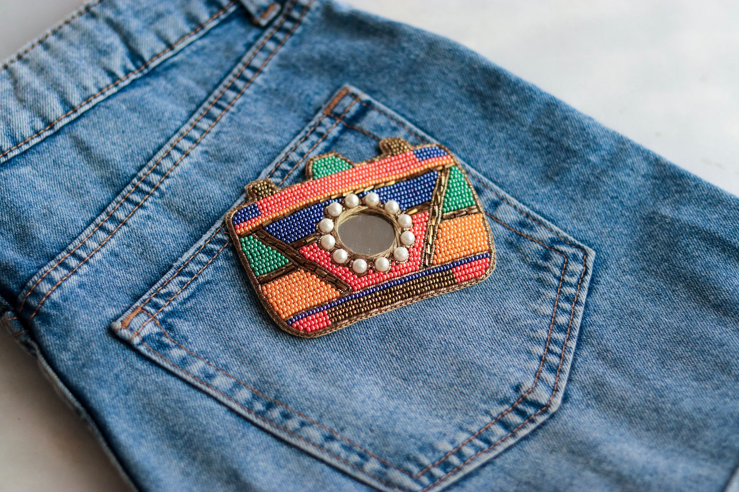Quirky Camera Multicolour Beaded Patch,Handmade embroidered applique,Camera applique,Boho Patch,Sew on Denim Patch,Playful DIY Patch
