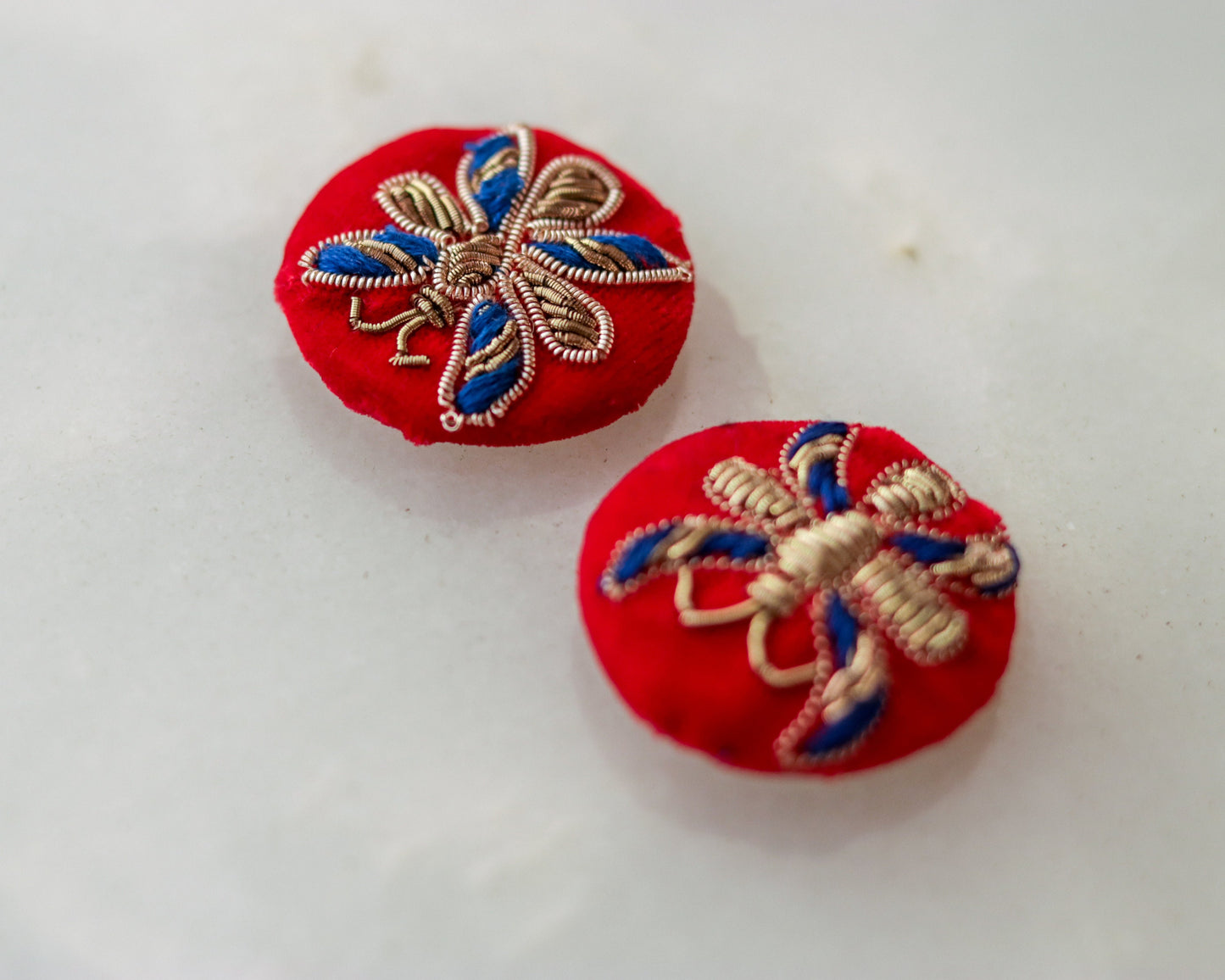 Red Blue Butterfly Velvet Button,Handmade Embroidered Button,Velvet Charm,Red Gold Butterfly Button,Sherwani Button,Wedding Button,2 pcs