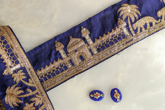 Blue Tiger Palace Embroidered Trim,Blue Gold Palace Border,Animal Embroidery Lace,Deep Blue Boho Trim,Royal Indian Designer Trim,Price/mtr