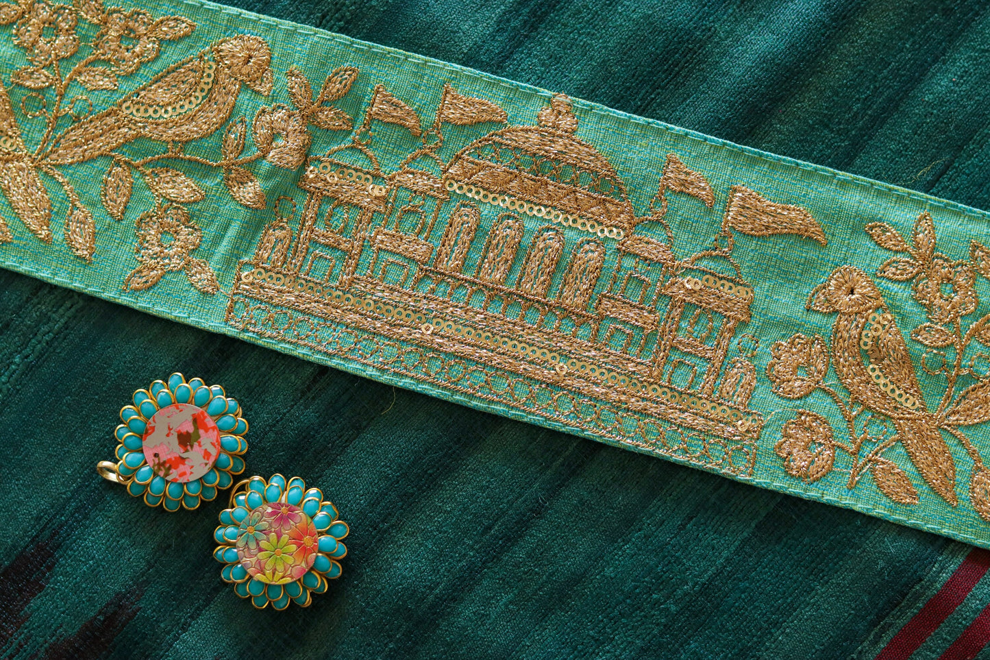 Mint Green Parrot Palace Trim,Green Gold Embroidered Palace Border,Bird Embroidery Lace,Mint Boho Trim,Royal Indian Designer Trim,Price/mtr