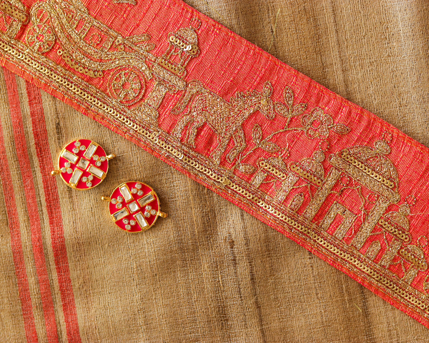 Peach Gold Chariot Palace Trim,Peach Gold Embroidered Palace Border,Horse Embroidery Lace,Boho Trim,Royal Indian Designer Trim,Price/mt