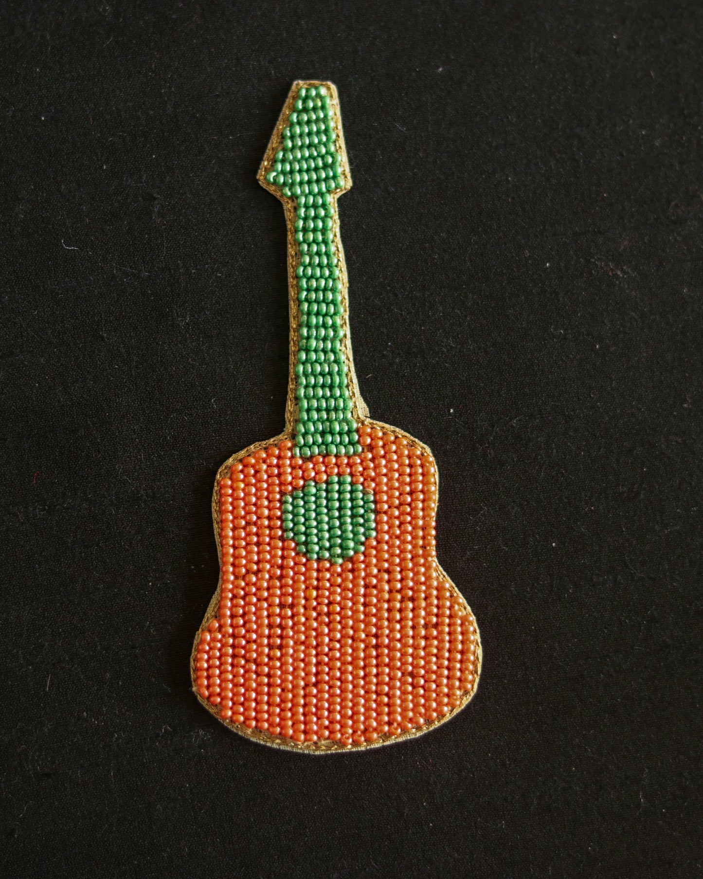 Orange Guitar beaded embroidered patch,Handmade Beaded applique,Quirky guitar patch,Musical instrument applique,Denim Patch,Sew on DIY Patch