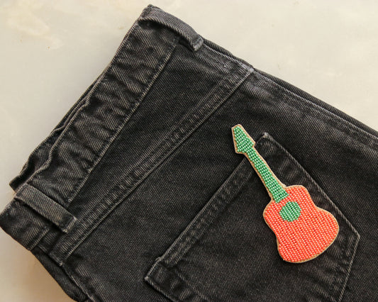 Orange Guitar beaded embroidered patch,Handmade Beaded applique,Quirky guitar patch,Musical instrument applique,Denim Patch,Sew on DIY Patch