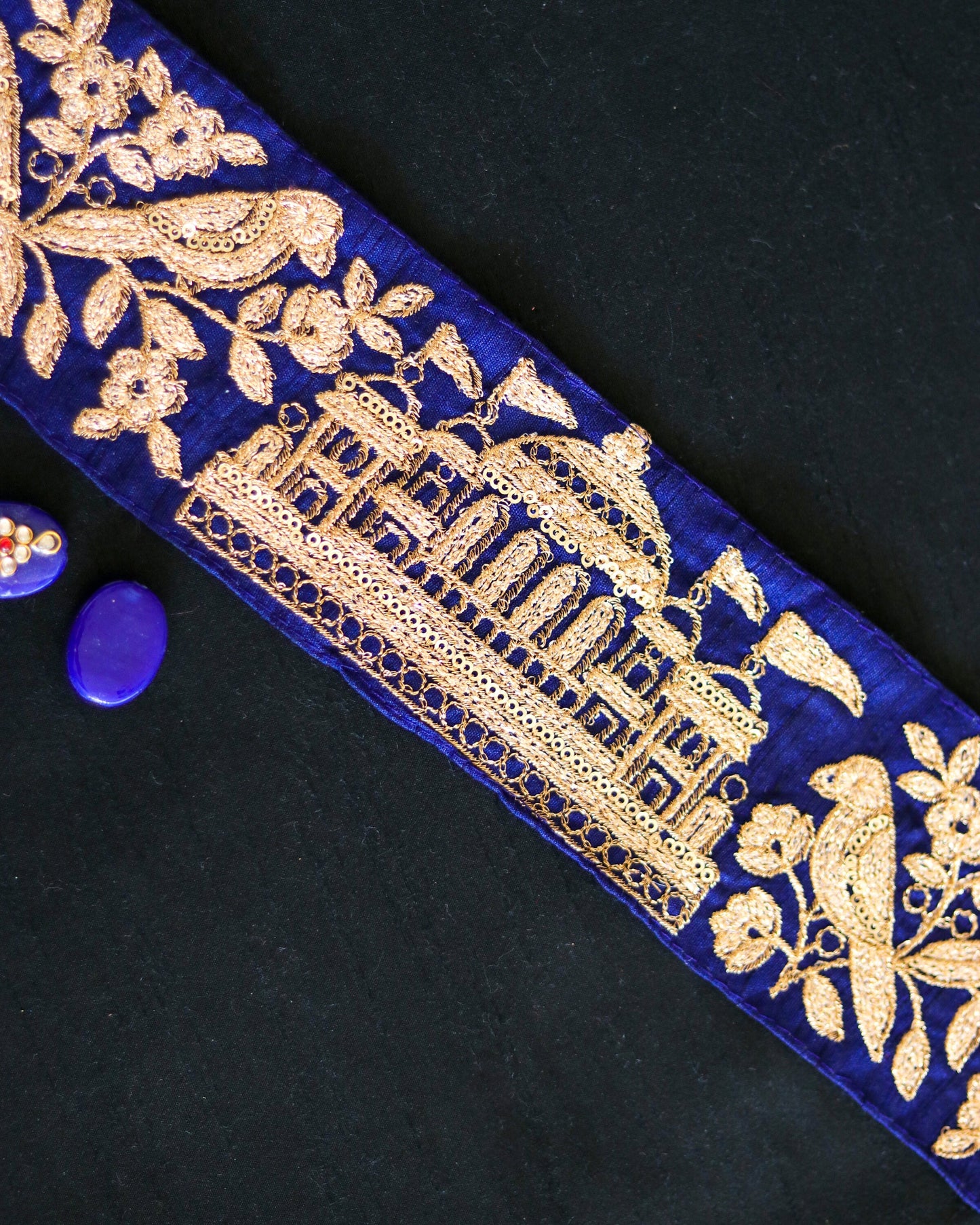 Blue Gold Parrot Palace Trim,Blue Gold Embroidered Palace Border,Bird Palace Lace,Quirky Boho Trim,Indian Designer Saree Border,Price/mt