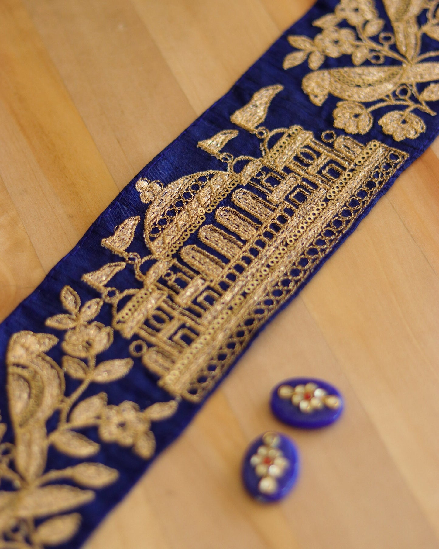 Blue Gold Parrot Palace Trim,Blue Gold Embroidered Palace Border,Bird Palace Lace,Quirky Boho Trim,Indian Designer Saree Border,Price/mt