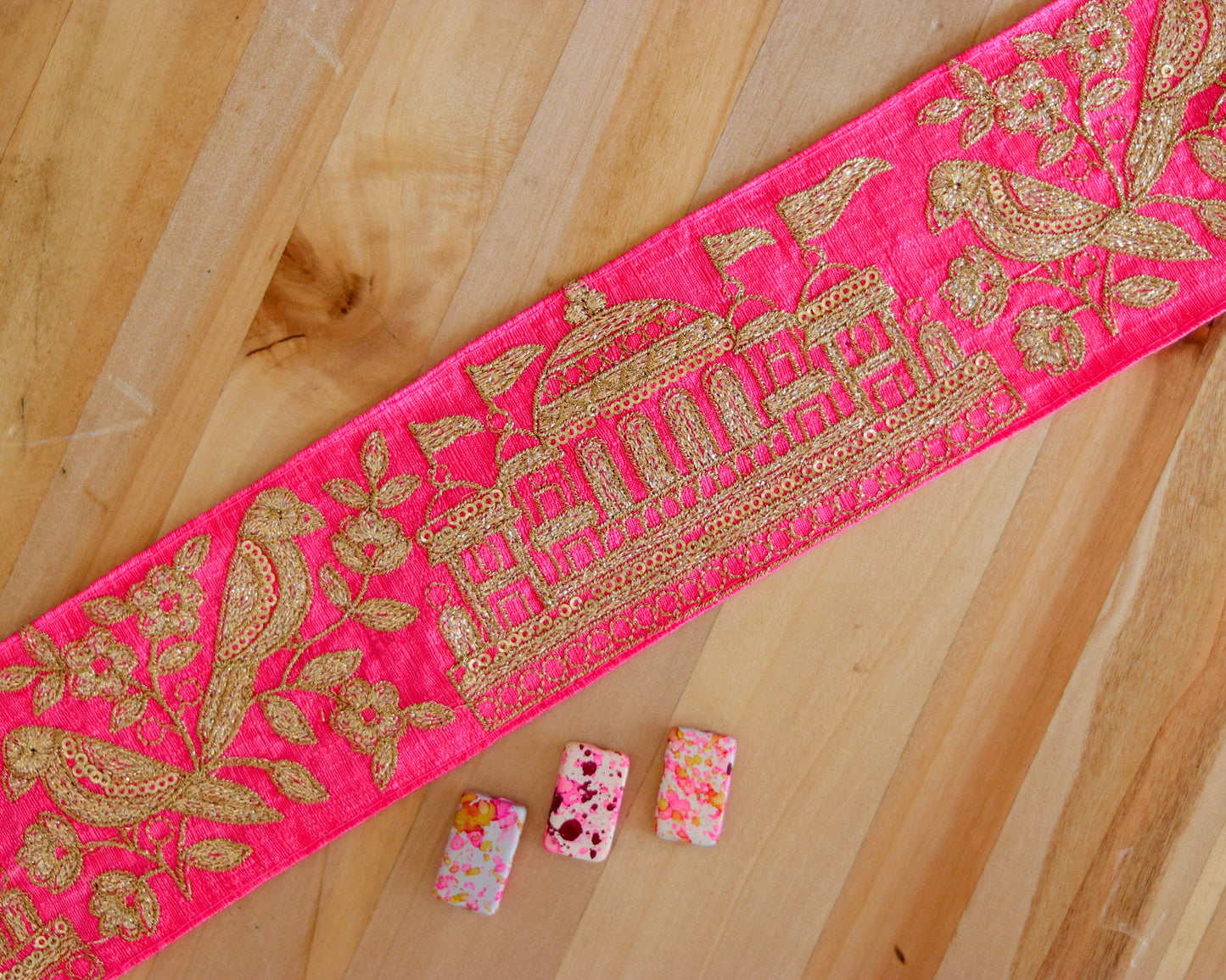 Pink Gold Parrot Palace Trim,Pink Gold Embroidered Palace Border,Bird Palace Lace,Quirky Boho Trim,Indian Designer Saree Border,Price/mt, CL