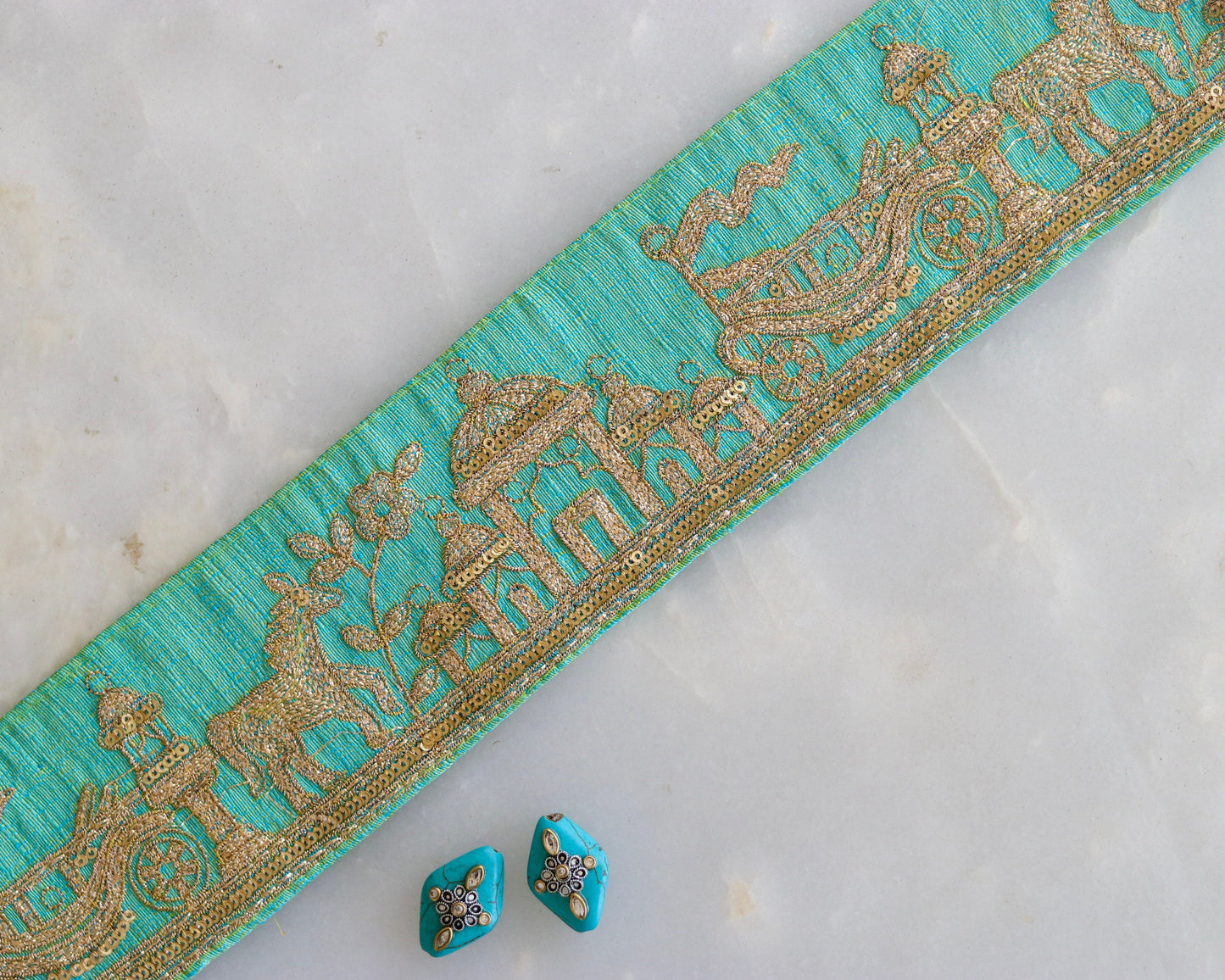 Mint Green Chariot Palace Trim,Green Gold Embroidered Palace Border,Horse Embroidery Lace,Mint Boho Trim,Royal Indian Designer Trim,Price/mt