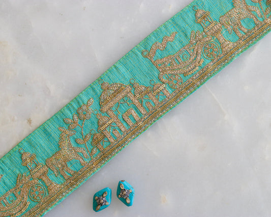 Mint Green Chariot Palace Trim,Green Gold Embroidered Palace Border,Horse Embroidery Lace,Mint Boho Trim,Royal Indian Designer Trim,Price/mt